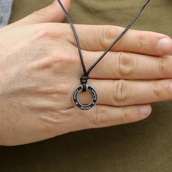 Father's Circle Name Necklace - Black Sterling Silver
