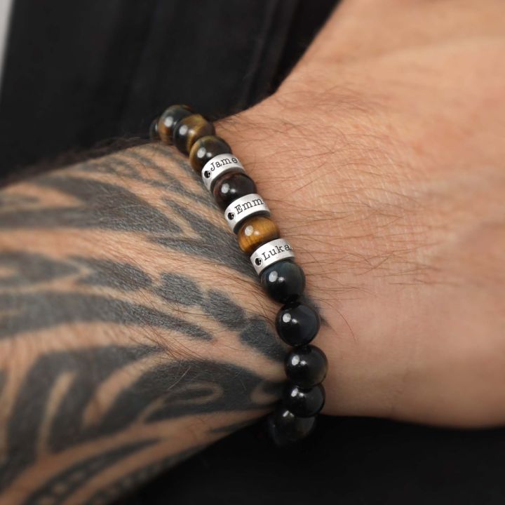 Namensarmband für Herren aus Grünem Tigerauge mit Diamanten 