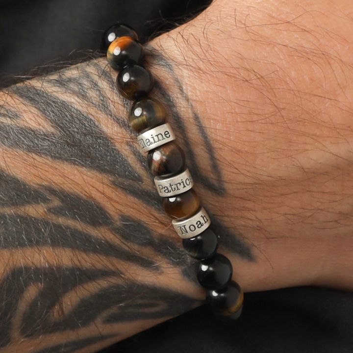 Men Leather Bracelet with Engraved Beads in Sterling Silver