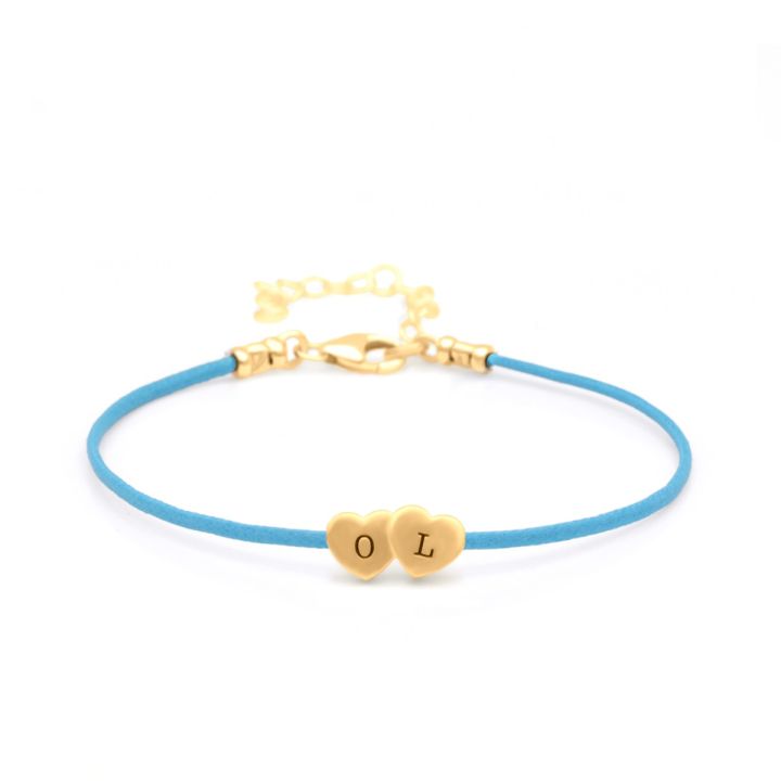 Intertwined Hearts Initials Bracelet - Turquoise Cord [18K Gold Plated]