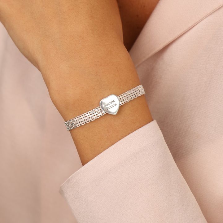 Verzaubertes Milanaise Armband mit Gravur - Herz Charm [Sterlingsilber]
