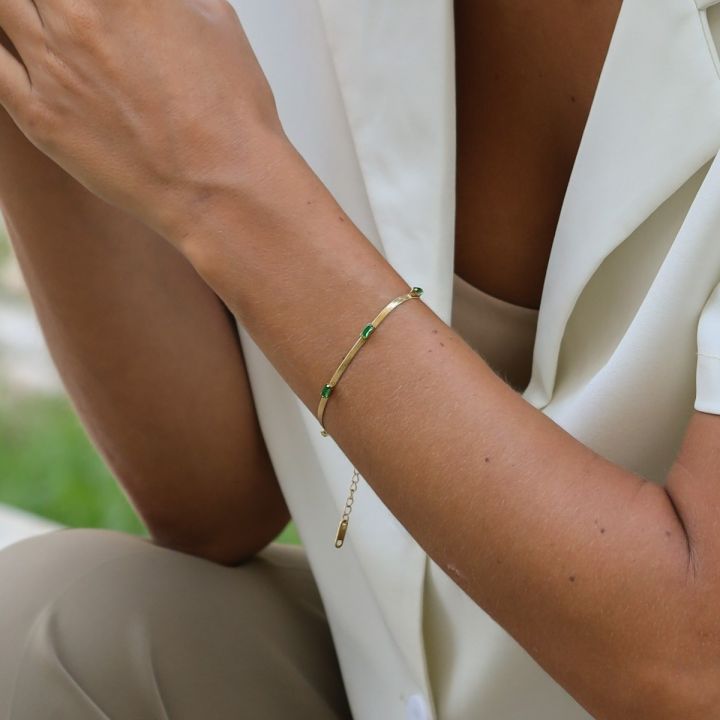 Herringbone bracelet with genuine emerald stones (gold plated) 