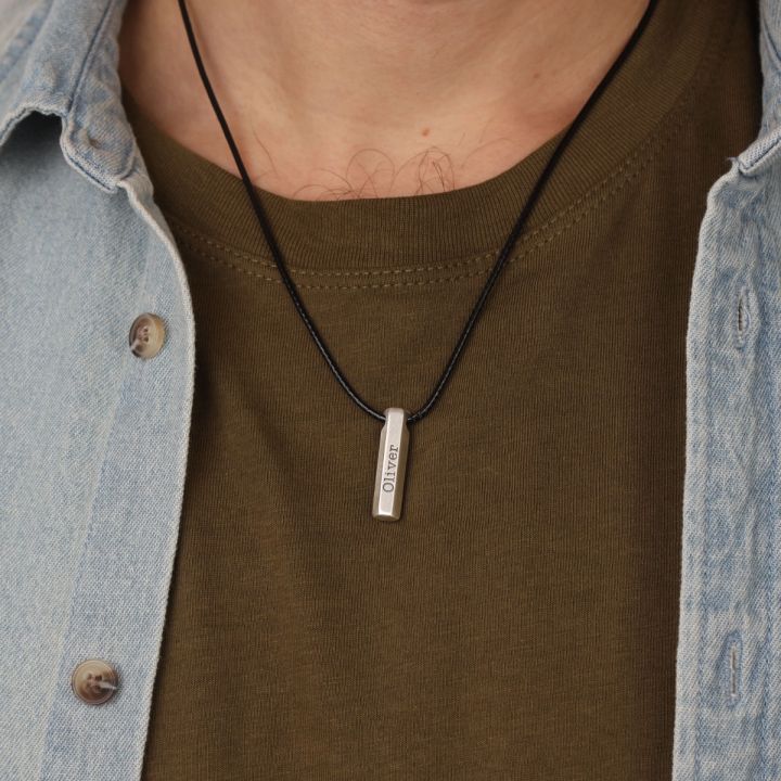 Thin black leather cord necklace for man with silver nugget - JoyElly