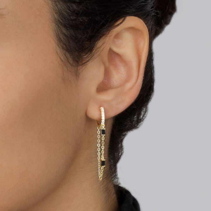 Black Crystal Hoop Chain Earrings [18K Gold Plated] 