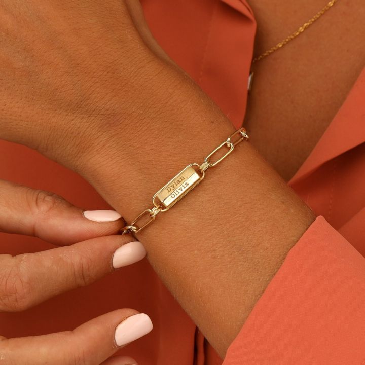 Link Chain Hexa Bar Engraved Bracelet [18K Gold Vermeil]