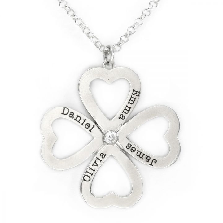 Sterling Silver Necklace with Four Leaf Clover Pendant and Engraving