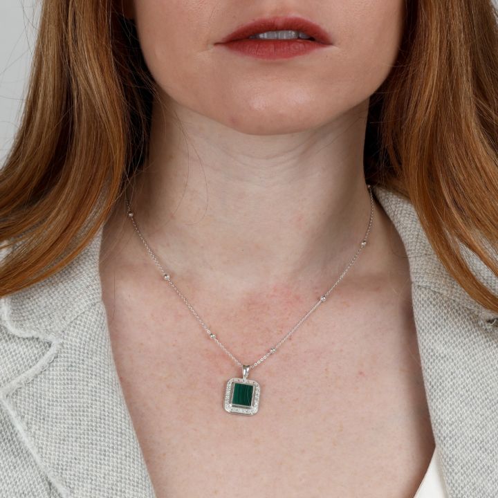 Malachite Tag Necklace White Crystals (Silver) - Talisa