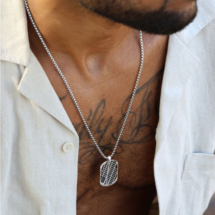 Map Tag Necklace for Men in Silver - Box Chain for Men - Gifts for Him by Talisa