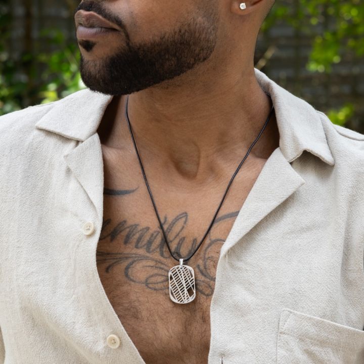 Map Tag Necklace for Men - Sterling Silver / Black Cord