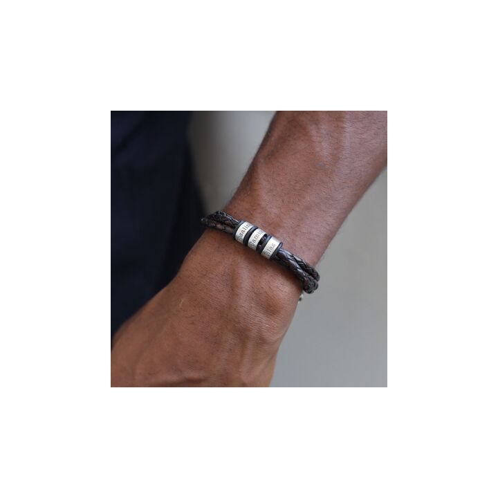Black Men's Leather Bracelets Engraved (Silver) - Talisa