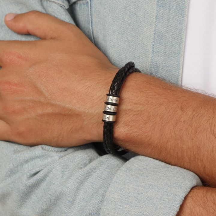 Men's Leather Bracelet with Oval Name Beads in Black Leather