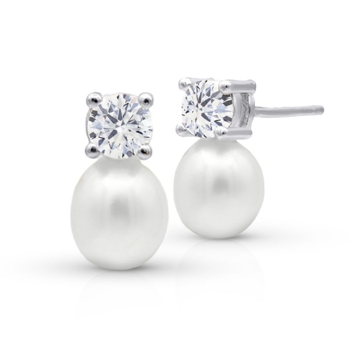 Mia Pearl Stud Earrings With Crystal - Sterling Silver Earrings for Her