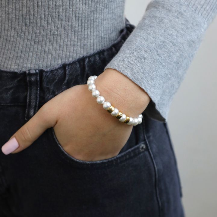 pearl bracelet Pearl Bracelet With Engraved Charms (Gold Plated) - Talisa Jewelry