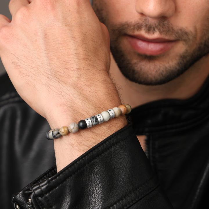Namensarmband aus Picasso Jaspis mit Diamanten für Herren [Sterlingsilber]