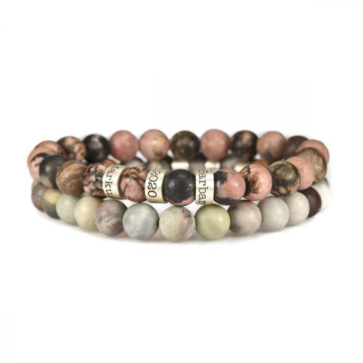 Picasso and Pink Jasper Name Bracelet Pair