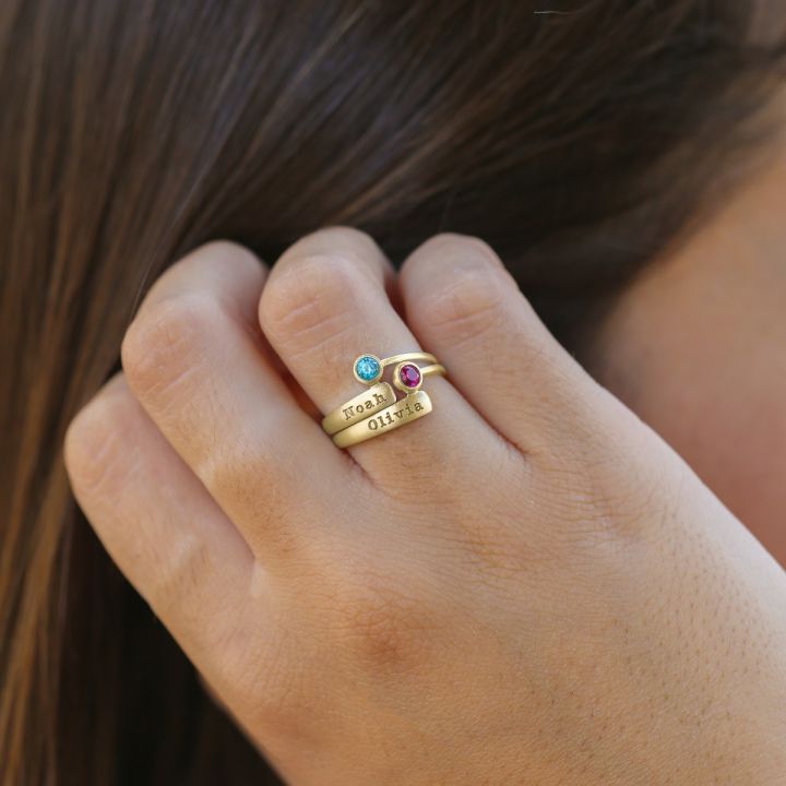Anelli Raggi di Luce con Nome e Pietra di Nascita Placcato Oro 18kt