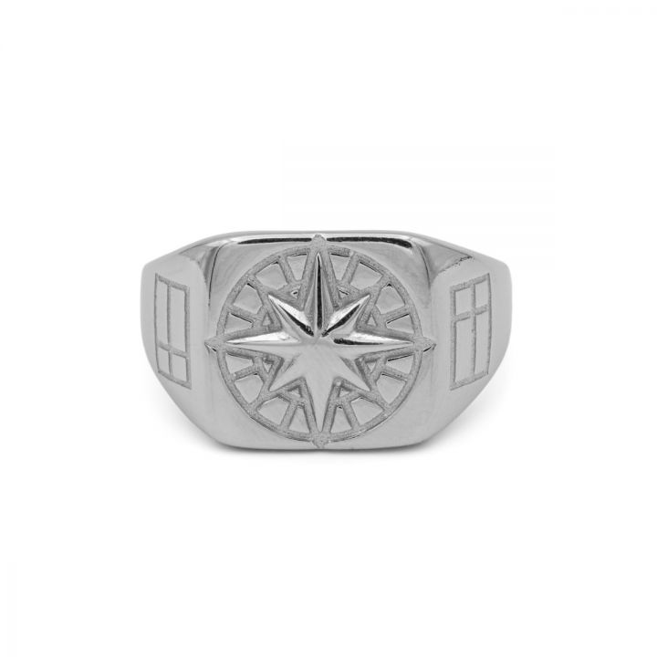 Classic Compass Men's Signet Ring - Sterling Silver