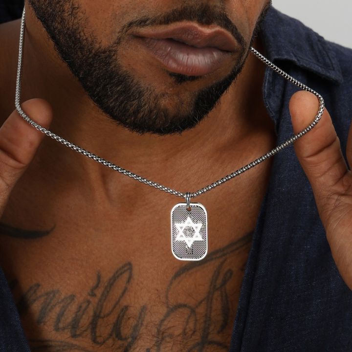 Star of David Tag Engraved Necklace For Men - Sterling Silver