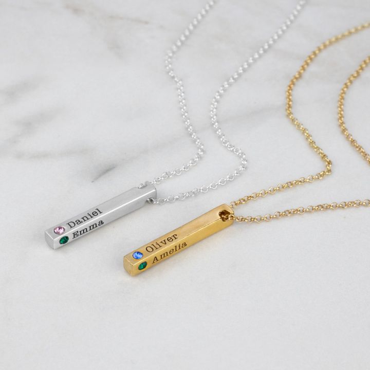 Silver Bar Necklace with Crystal Birthstones / Gift for Nana / Mothers  Necklace / Personalized Kids Names