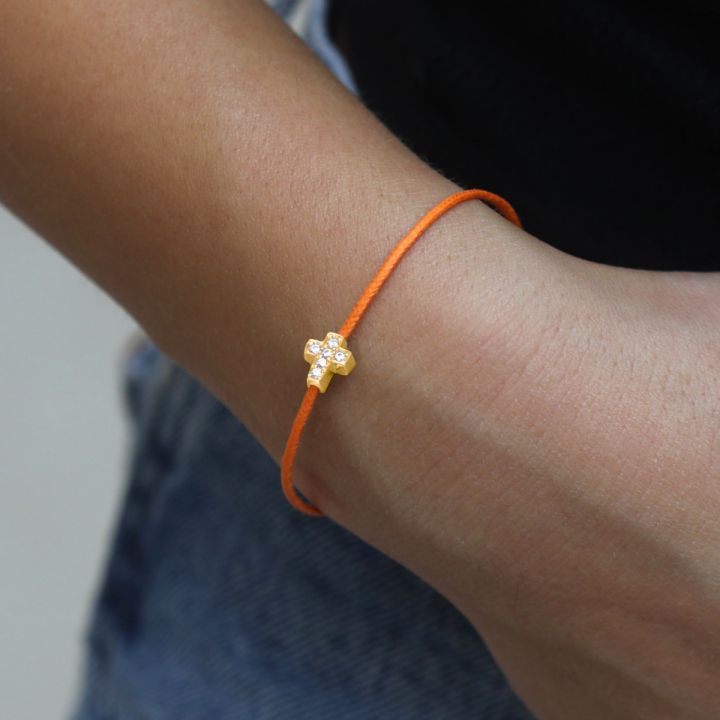 Crystal Cross Bracelet - Orange Cord [18K Gold Plated]
