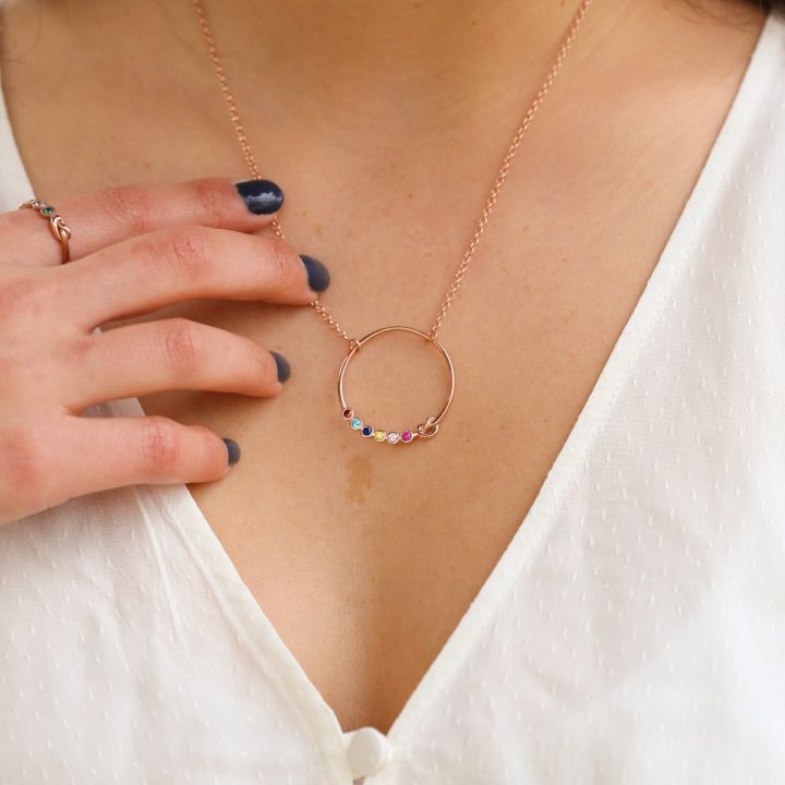 Circle With a Knot Necklace With Birthstones in Rose Gold Plating Bezel Set