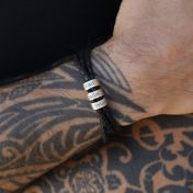 Men Leather Bracelet with Engraved Beads in Silver
