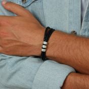 Men Leather Bracelet with Engraved Beads in Sterling Silver