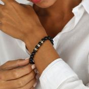 Zwarte Onyx Gegraveerde Ringetjes Armband voor Vrouwen [Goud Verguld]