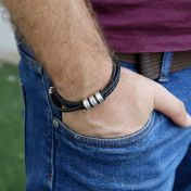 Black Leather Bracelets for Men with Sterling Silver engraved charms