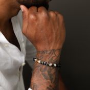 Zwart Zilveren Kruis Mannen Naam Armband met Groene Tijgeroog Stenen