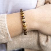 Brown Tiger Eye Women Name Bracelet with Plated in Gold engraved beads
