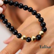 Black Onyx Beaded Bracelet - Engraved Spheres [18K Gold Vermeil]