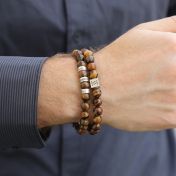 Brown Tiger Eye Men Bracelets Set  with Sterling Silver Charm and Engravings