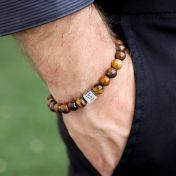 Brown Tiger Eye Bracelet for Men with Sterling Silver Charm - elastic bracelet 