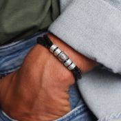 Men's compass bracelet with silver engraved charms - Black leather wristband 