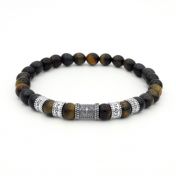 Bracelet with Green Tiger Eye Stones, compass charm and engraved silver beads

