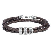 Brown Leather Bracelet with Engraved Spheres in Silver and lobster clasp 
