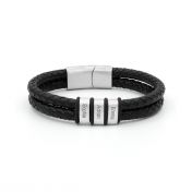 Bracelet Double avec Prénoms pour Homme - Cuir Noir