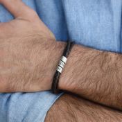 Men Dark Brown Bracelet with Engraved Wrap Sphere in Silver