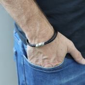 Men Black Bracelet with Engraved Wrap Sphere in Silver