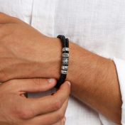 Hamsa Men Name Bracelet in Silver [Black Leather]