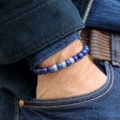 1B-738 Sterling Silver Natural Lapis lazuli Leather New Wristband Men Bracelet