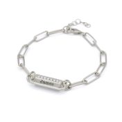 Link Chain Hexa Bar Engraved Bracelet - White Crystals [Sterling Silver]
