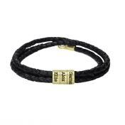 Name Bracelet with Engraved Beads - Gold Plated [Black Leather]