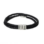 Name Bracelet with Engraved Beads - Sterling Silver [Black Leather]