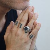 Black Onyx Engraved Ring for Men - Sterling Silver