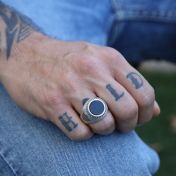 Black Onyx Engraved Ring for Men - Sterling Silver