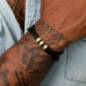 Men Leather Bracelet with Engraved Beads in Gold Plating