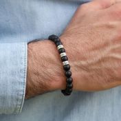 Engraved Sterling spheres and Black Onyx beaded wristband 
