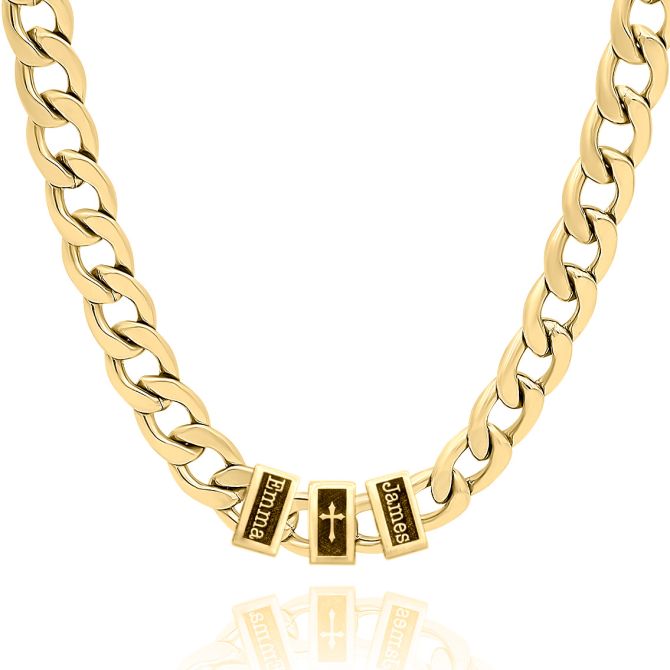 Cross Cuban Link Chain With Names - 8mm [18K Gold Plated]